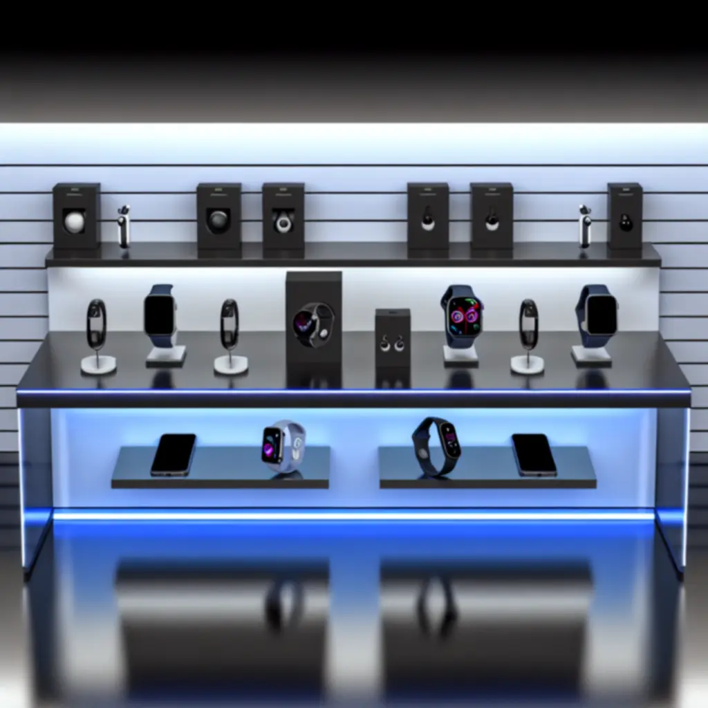 Zestaw nowoczesnych gadżetów: smartwatch, słuchawki bezprzewodowe i tracker fitness