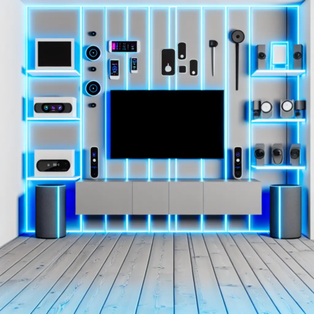 Nowoczesny salon z zaawansowaną elektroniką domową sterowaną inteligentnie.