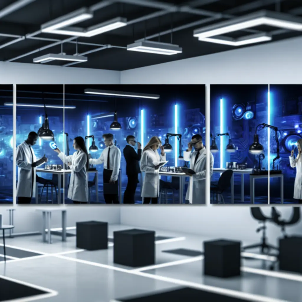 Nowoczesne laboratorium TechLumenex prezentujące inteligentne urządzenia i elektronikę.