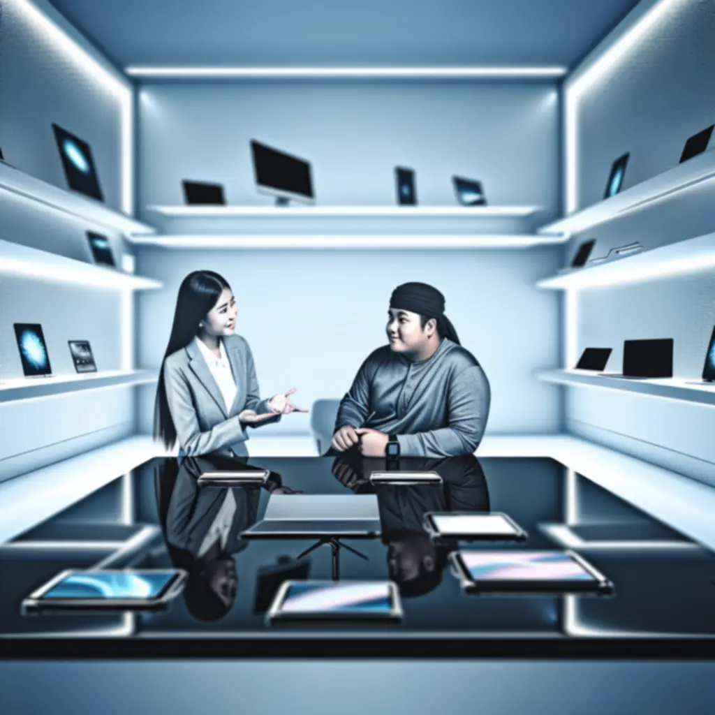 Doradca TechLumenex rekomendujący klientowi nowoczesne urządzenia elektroniczne