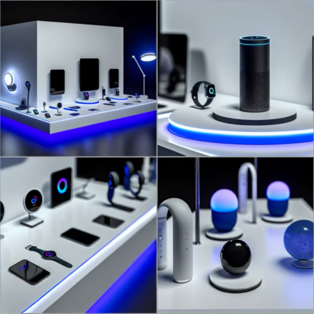 Kolekcja inteligentnych urządzeń, asystentów głosowych i wearables na futurystycznym stanowisku.