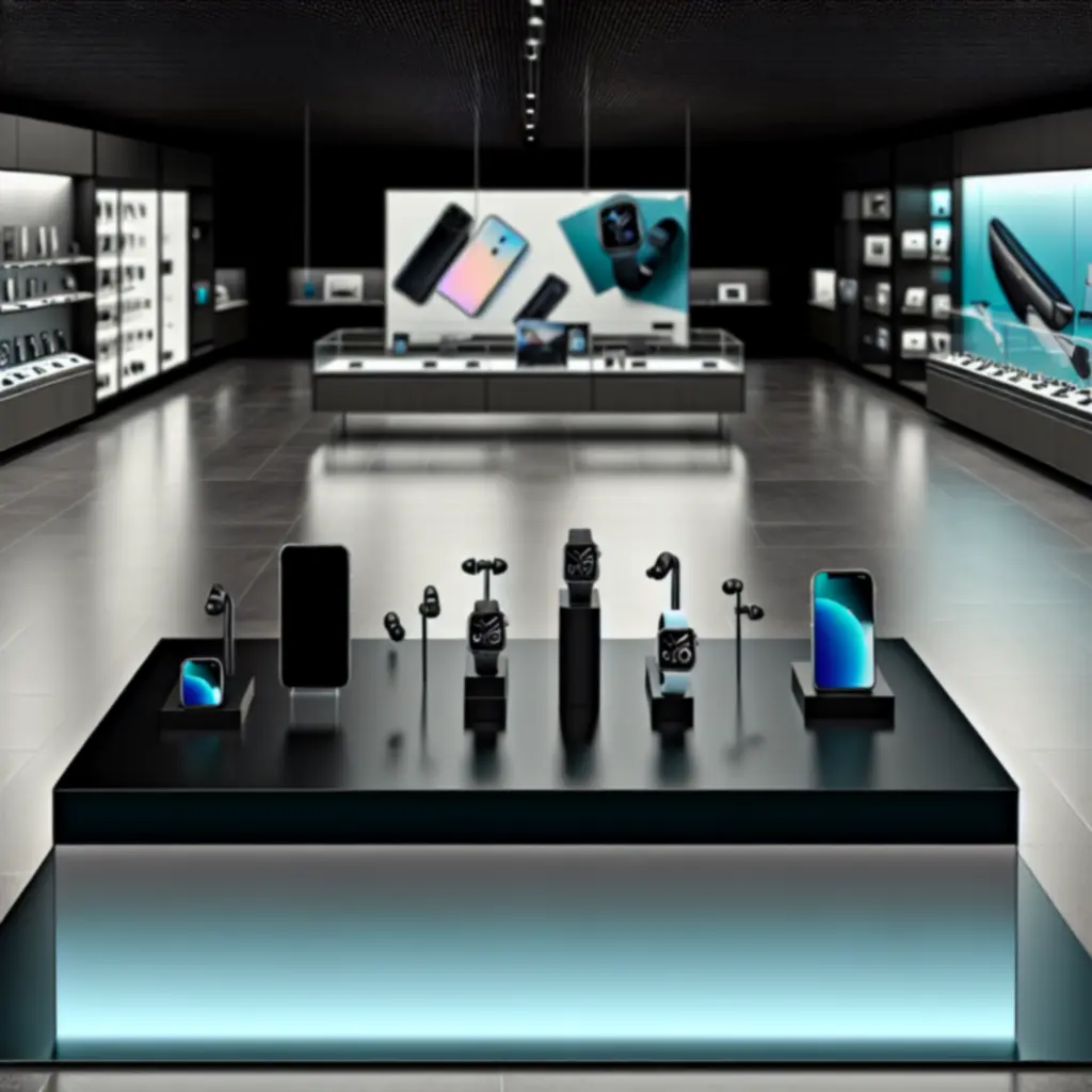 Zestaw nowoczesnych smart urządzeń: smartfony, laptopy i urządzenia smart home na ciemnym, futurystycznym tle.