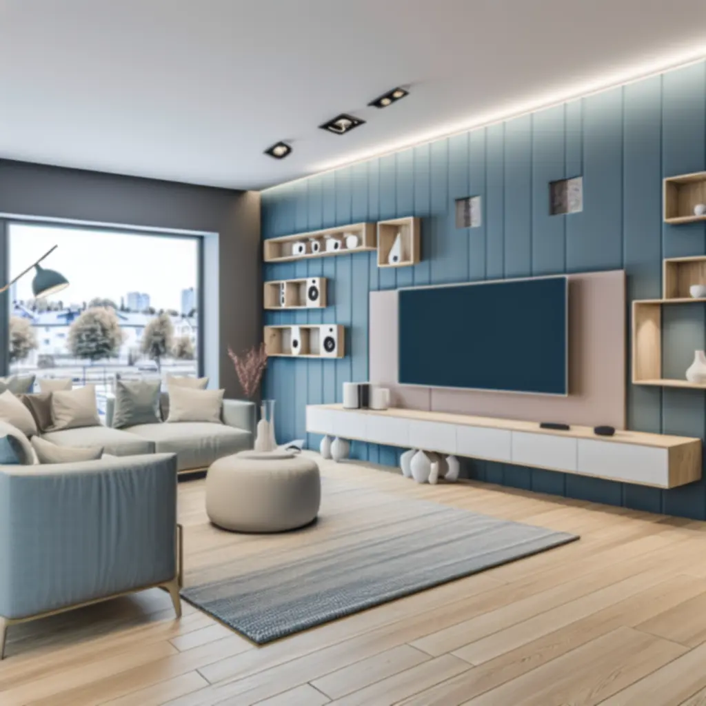 Nowoczesny salon z inteligentnym oświetleniem i urządzeniami smart home